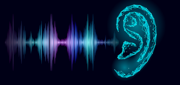 A digital, wireframe human ear is positioned next to a sound wave graphic, illustrating the connection between auditory processing and technology