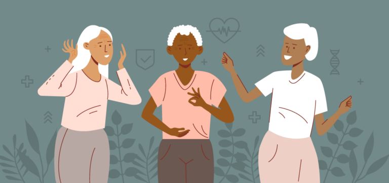 An illustration of three elderly adults happily interacting and using sign language against a medical-themed background